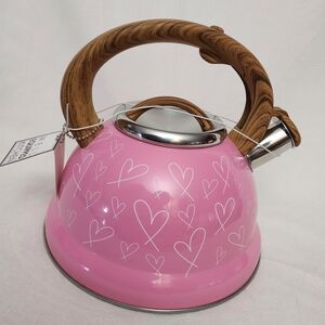 Pink Heart Design Kettle with Wooden Handle